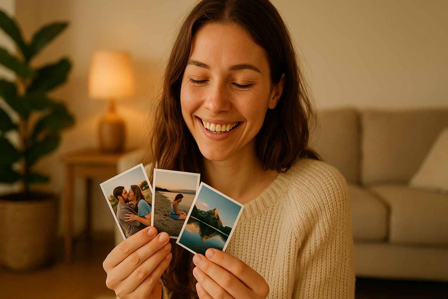 A young woman smiling while holding a few freshly mini printed photos cozy natural lighting, nearby, warm lifestyle aesthetic, realistic photography, vibrant yet soft tones, perfect for an online Shopify homepage banner promoting photo printing — 16:9, 1920x1080, realistic depth of field.
